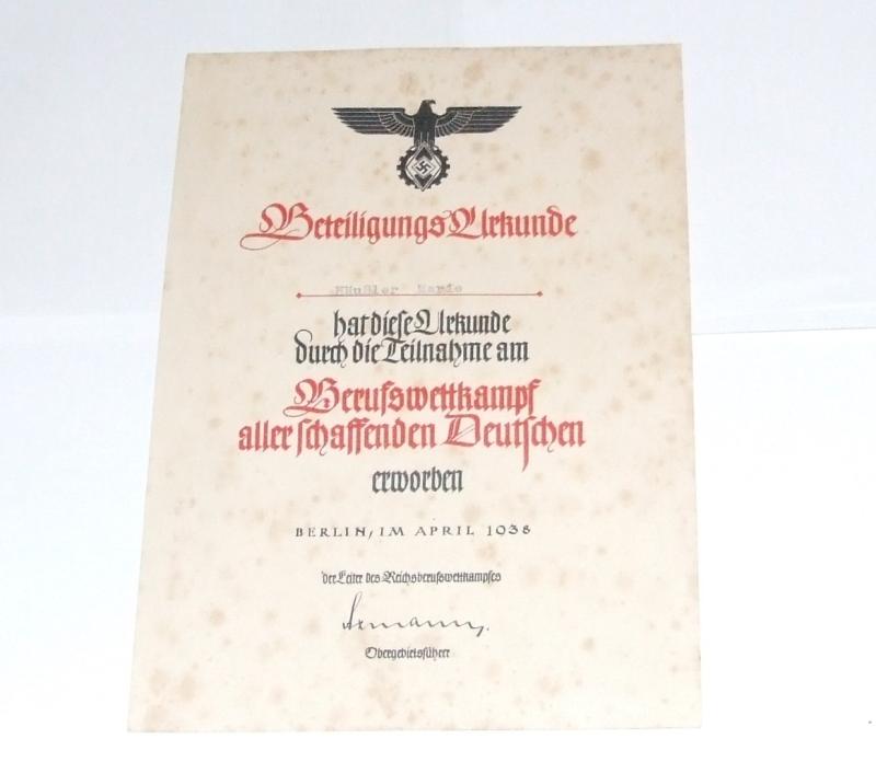 Hitler Youth/DAF Trade Competition Certificate